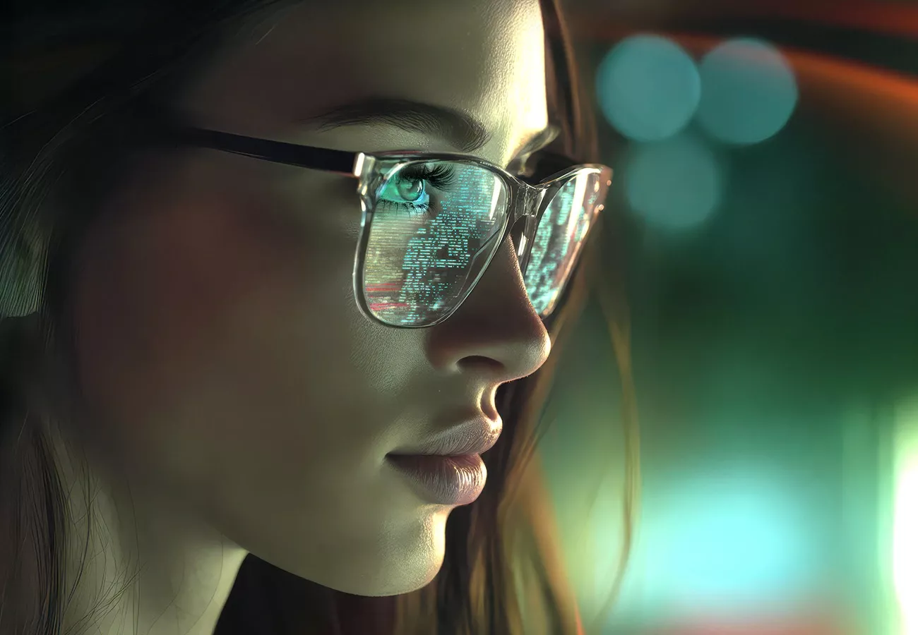 Frau mit Brille schaut auf den Monitor
